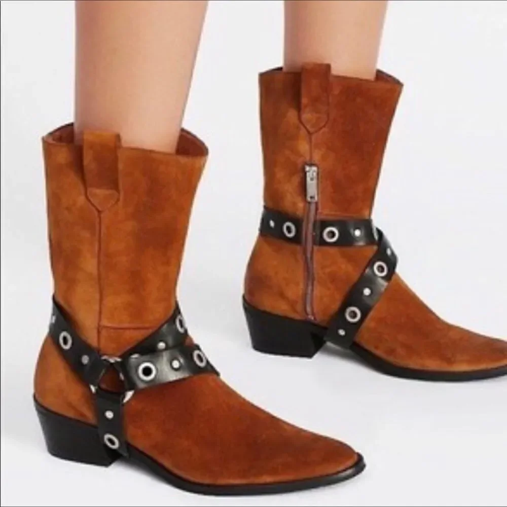 Free People x Farylrobin Brown Tan Suede Ankle Heel Boots Size 6